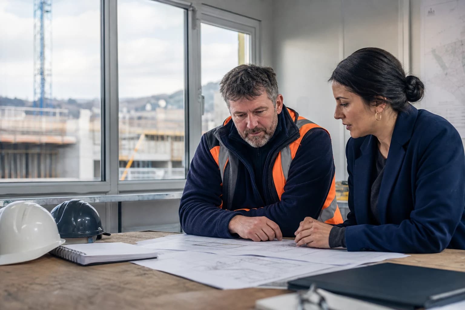 Project leader and recruiter reviewing construction workforce plans