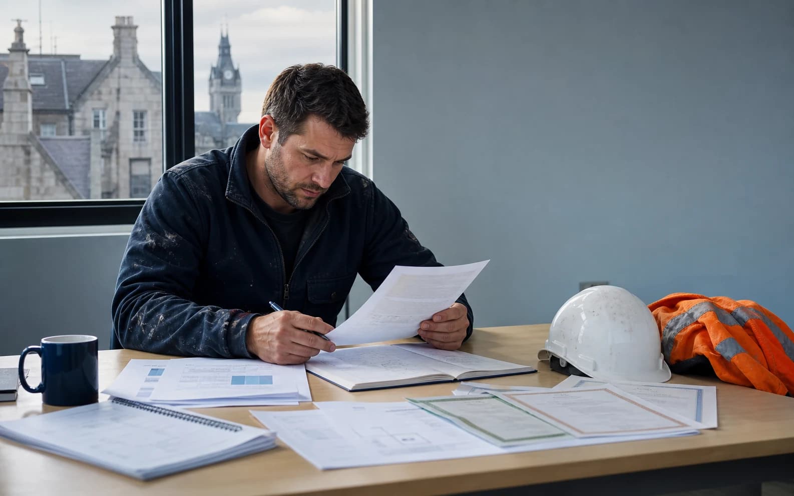 Construction professional reviewing career documents