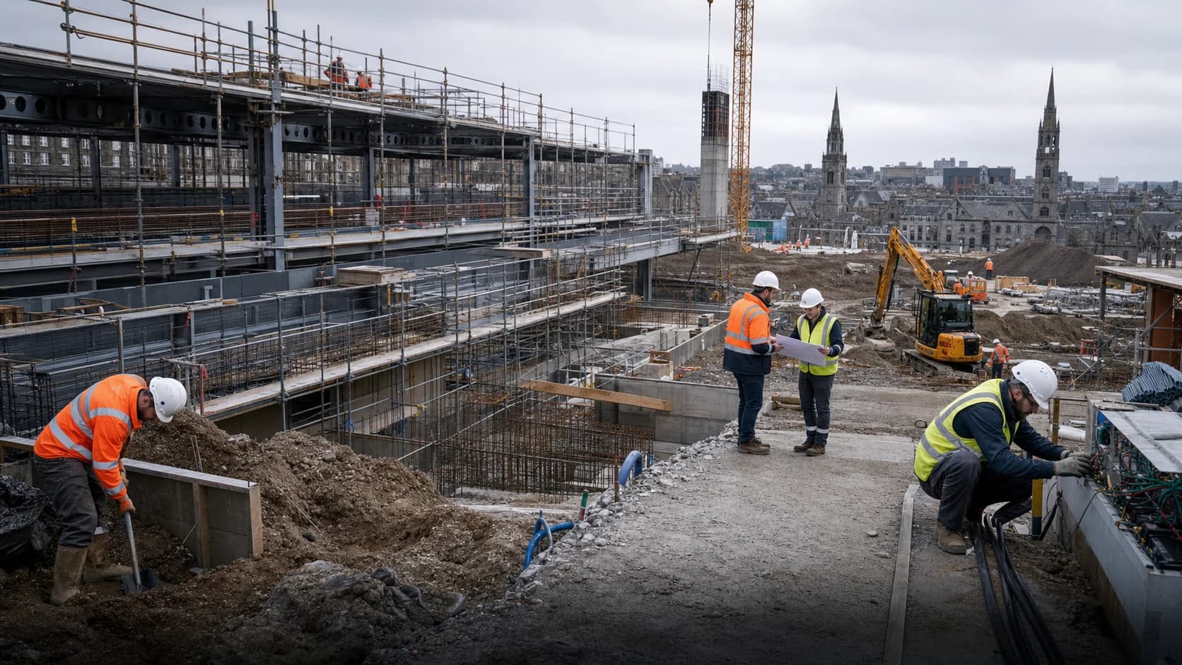 Construction disciplines working across an Aberdeen development